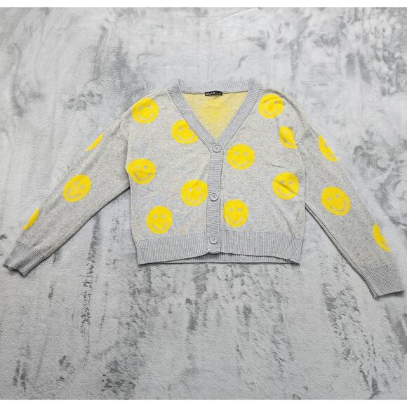 Nikka K Sweater Womens M Gray Yellow V-Neck Cardigan Stretch Happy Face Smiley - Picture 1 of 8